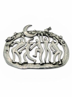JJ Jonette Jewelry Co Pewter Style Tribal Dancers Saturn Moon Star Pin Vintage